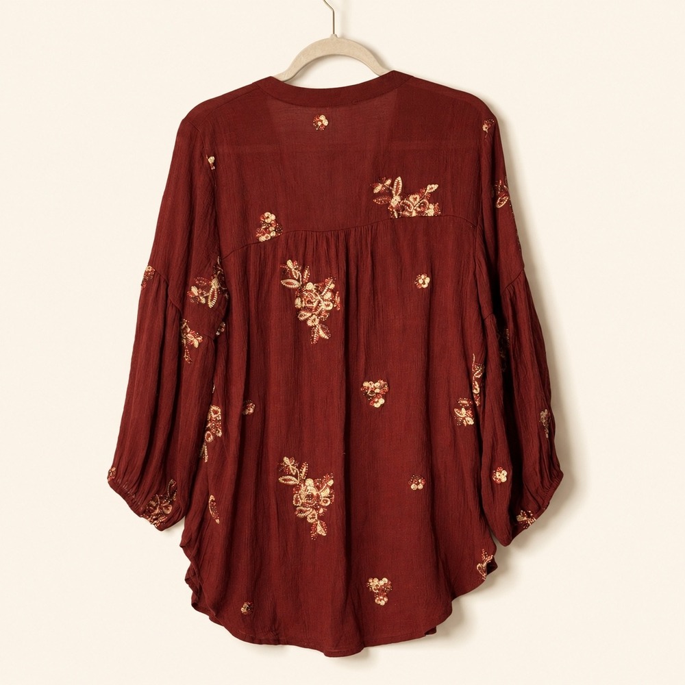Fig and Flower Embroidered Peasant Blouse XL Burgundy Boho Top - Picture 4 of 8